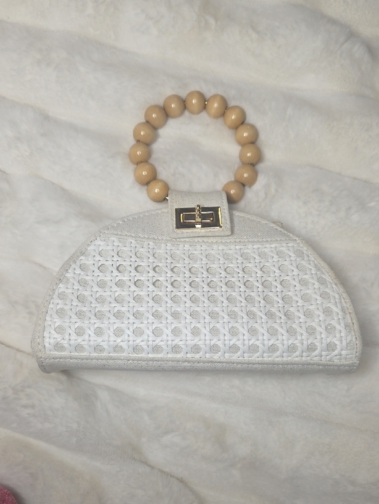Handbags - Beaded Handle White Woven Clutch Handbag
